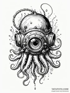 Deep-sea diver's helmet with a giant squid's... - эскиз тату (№1751908744_0, 07.07.2025 17:19) — Tatufoto.com