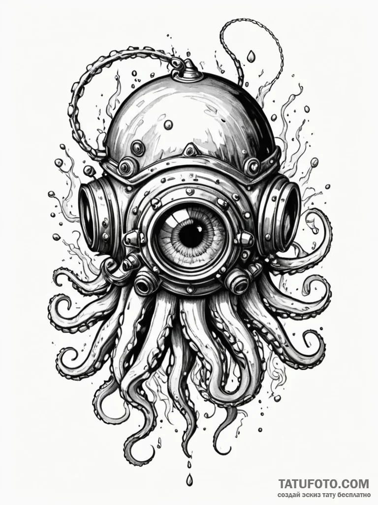 Deep-sea diver’s helmet with a giant squid’s… — эскиз тату (№1751908744_0, 07.07.2025 17:19) — Tatufoto.com