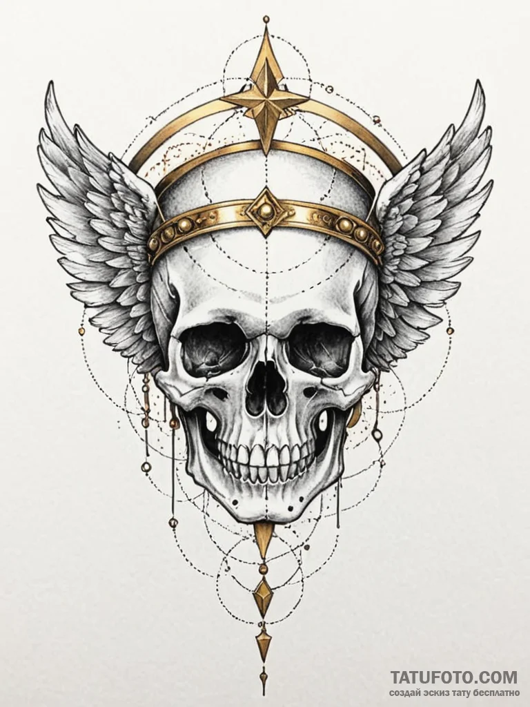 Angelic skull with golden halo, artistic tatt... - эскиз тату (№1751909003_0, 07.07.2025 17:23) — Tatufoto.com