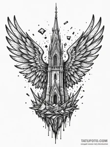 Sunlit wings beneath shattered spire, artisti... - эскиз тату (№1751911235_0, 07.07.2025 18:00) — Tatufoto.com