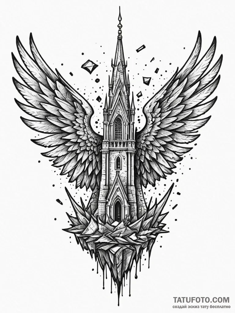 Sunlit wings beneath shattered spire, artisti... - эскиз тату (№1751911235_0, 07.07.2025 18:00) — Tatufoto.com