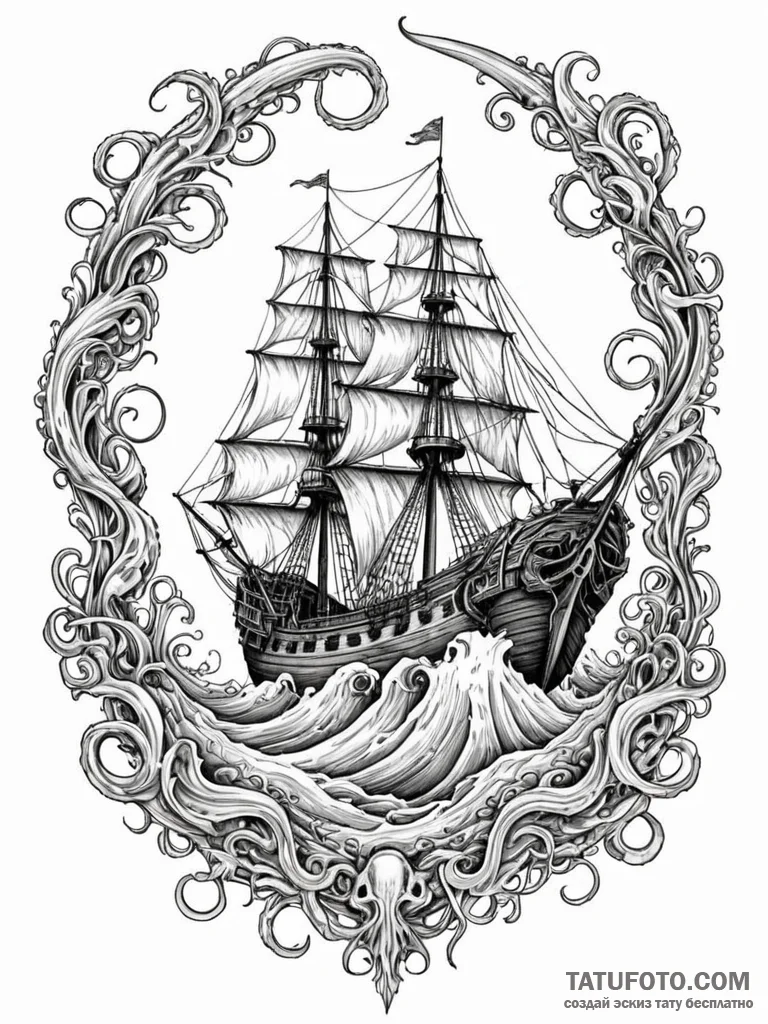 Giant squid pulling a galleon into the abyss,… — эскиз тату (№1751911489_0, 07.07.2025 18:04) — Tatufoto.com