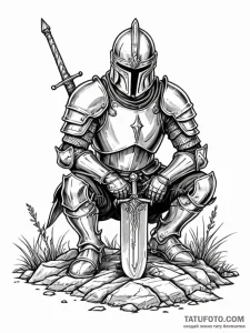 Armored knight kneeling with sword in ground,... - эскиз тату (№1751911574_0, 07.07.2025 18:06) — Tatufoto.com