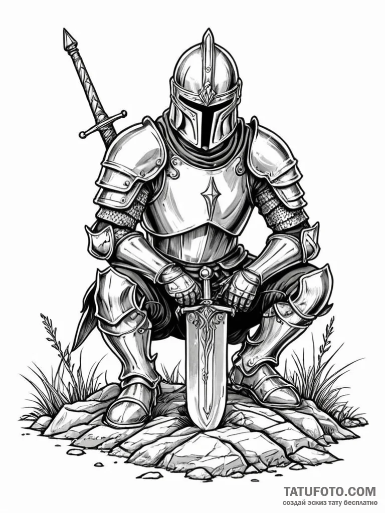 Armored knight kneeling with sword in ground,… — эскиз тату (№1751911574_0, 07.07.2025 18:06) — Tatufoto.com