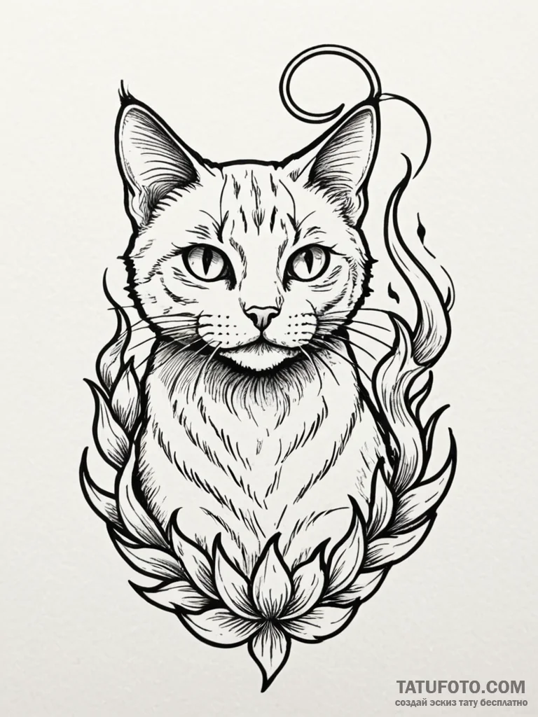 Cat with flame-tipped tail, tattoo flash shee... - эскиз тату (№1751911658_0, 07.07.2025 18:07) — Tatufoto.com