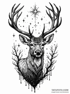 A deer with antlers made of dead branches and... - эскиз тату (№1751912165_0, 07.07.2025 18:16) — Tatufoto.com