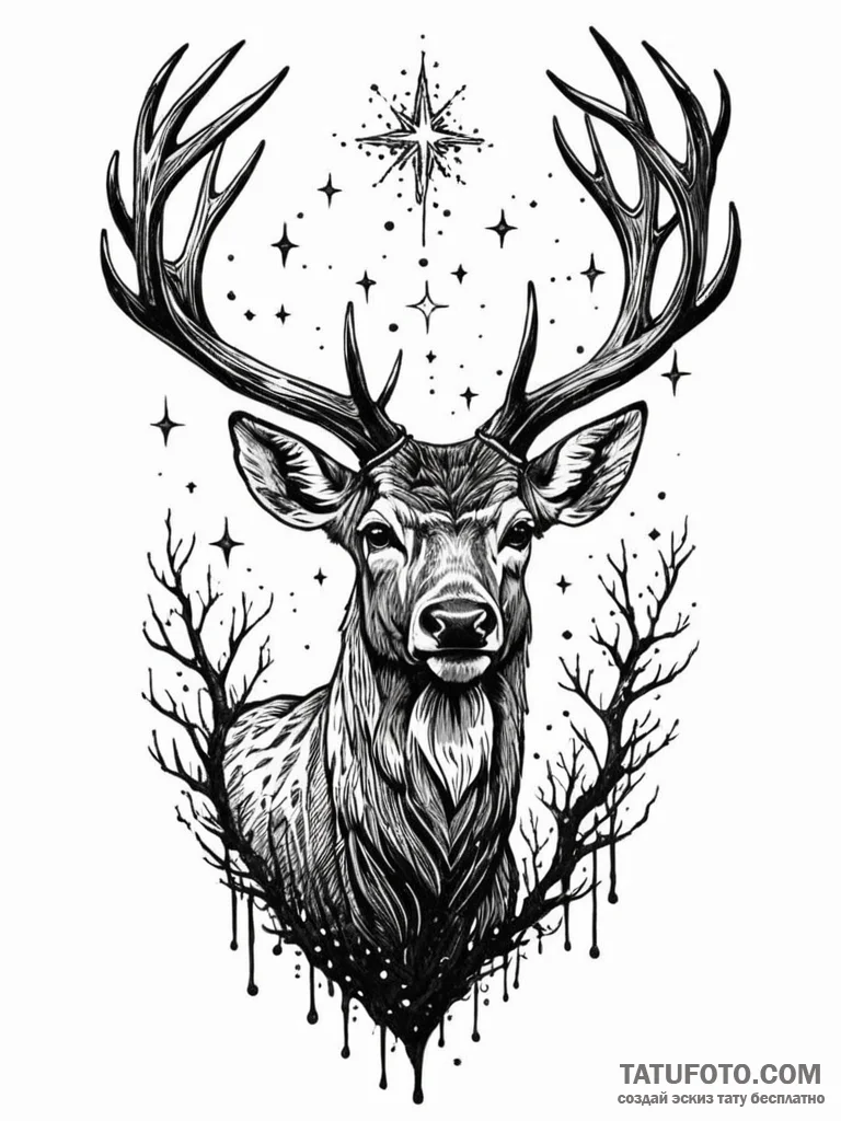 A deer with antlers made of dead branches and... - эскиз тату (№1751912165_0, 07.07.2025 18:16) — Tatufoto.com