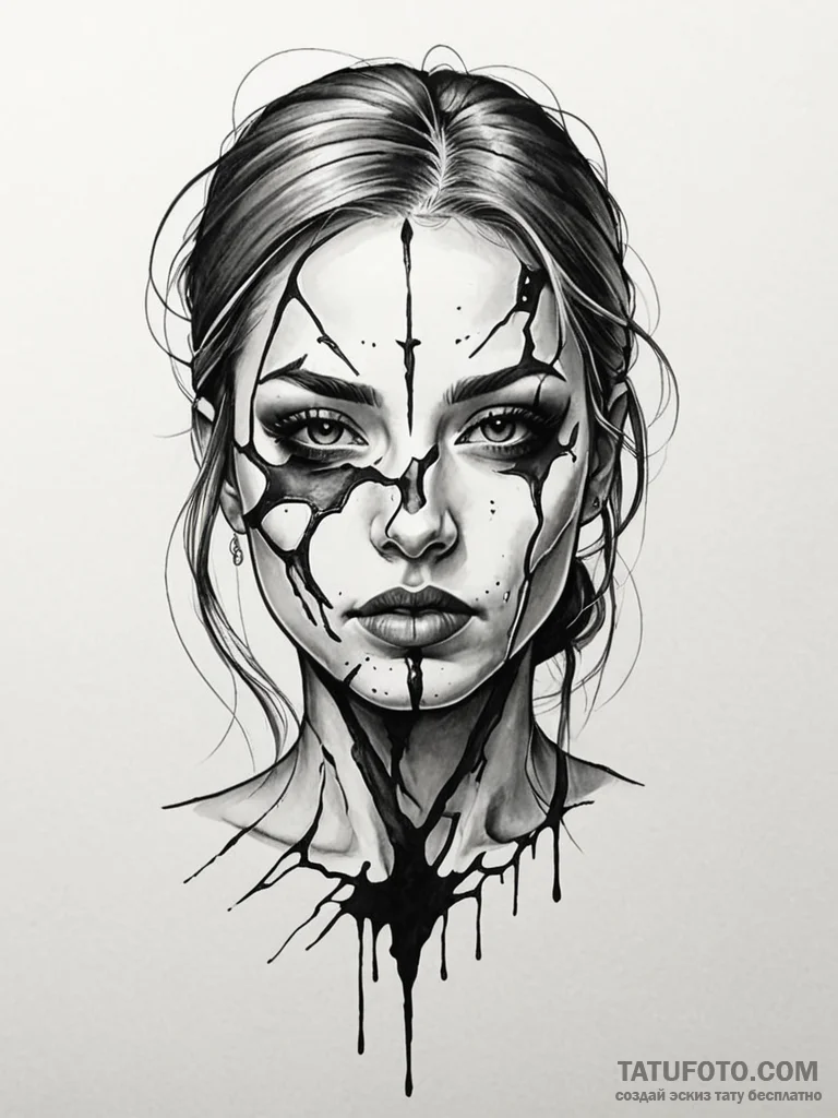 Cracked mask bleeding shadows, tattoo line ar… — эскиз тату (№1751912502_0, 07.07.2025 18:21) — Tatufoto.com