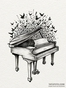 Piano keys morphing into a flock of birds, ta... - эскиз тату (№1751913261_0, 07.07.2025 18:34) — Tatufoto.com