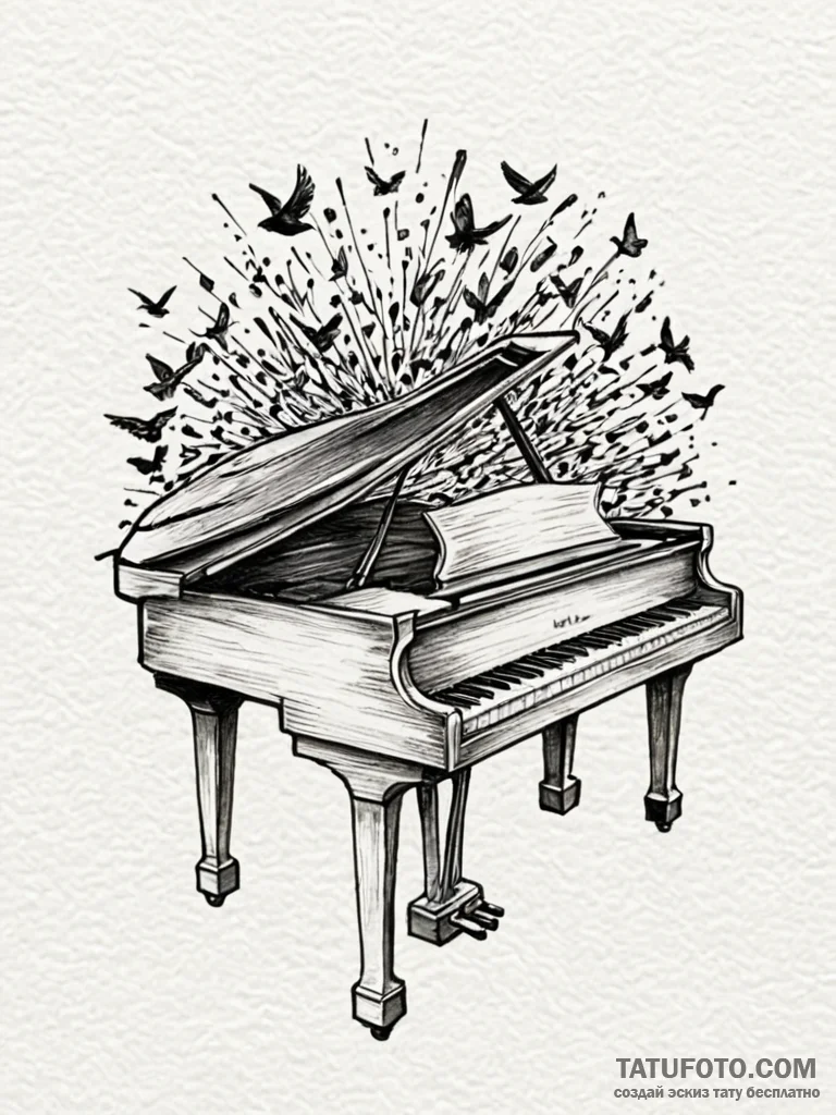 Piano keys morphing into a flock of birds, ta… — эскиз тату (№1751913261_0, 07.07.2025 18:34) — Tatufoto.com