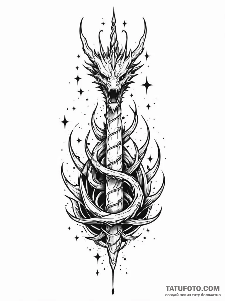 Dragon spire crowned with stars, tattoo drawi… — эскиз тату (№1751913345_0, 07.07.2025 18:35) — Tatufoto.com