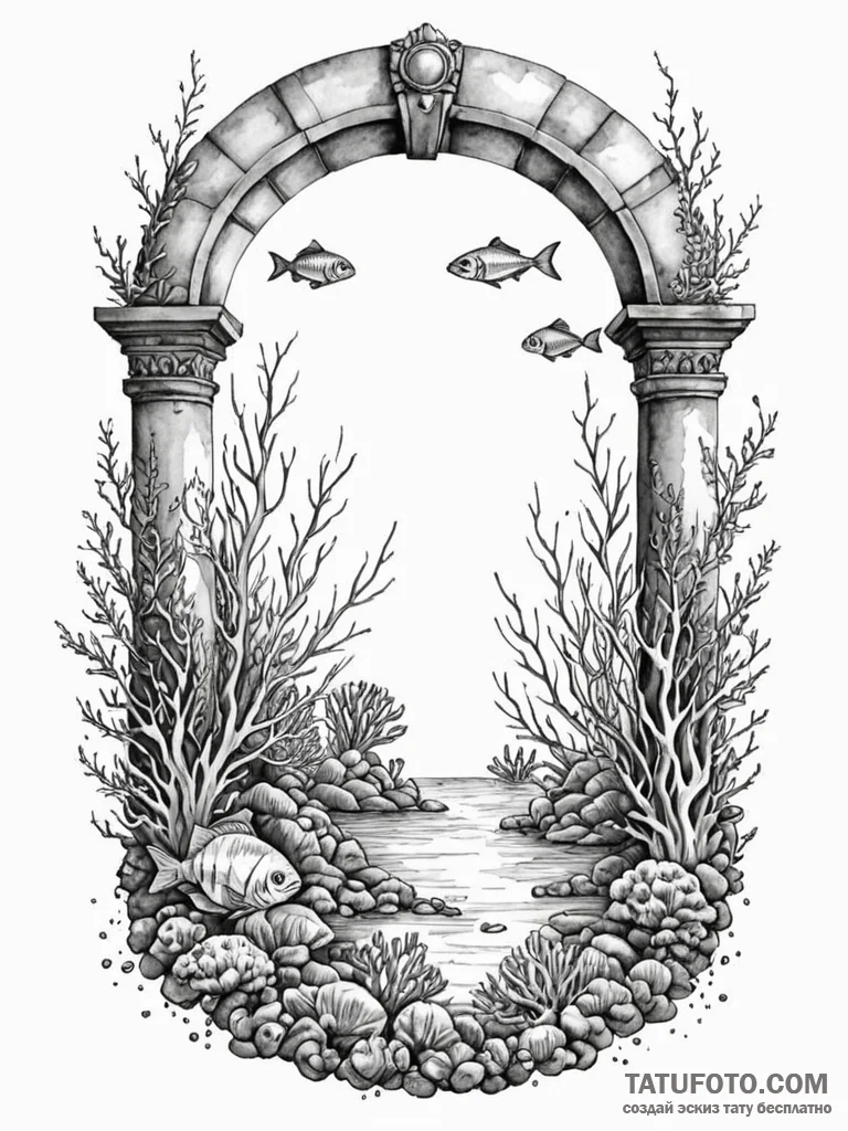 An underwater archway leading to a vibrant co… — эскиз тату (№1751913429_0, 07.07.2025 18:37) — Tatufoto.com