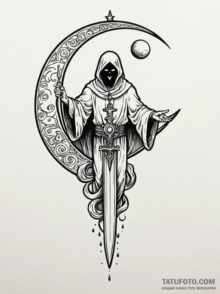 Ghost dagger beneath spectral moon, ink illus... - эскиз тату (№1751913513_0, 07.07.2025 18:38) — Tatufoto.com