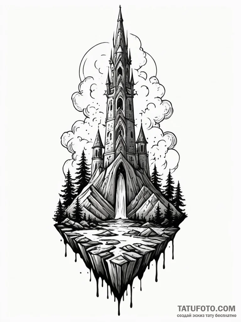 Jade blade beneath spectral spire, concept ar... - эскиз тату (№1751913681_0, 07.07.2025 18:41) — Tatufoto.com