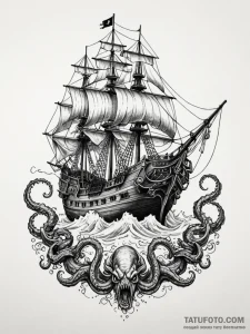 Pirate ship fighting a kraken, tattoo sketch... - эскиз тату (№1751914694_0, 07.07.2025 18:58) — Tatufoto.com