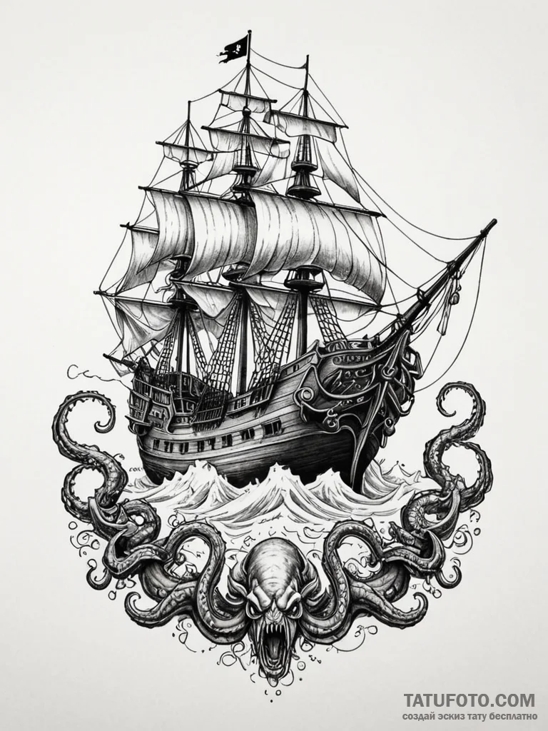 Pirate ship fighting a kraken, tattoo sketch... - эскиз тату (№1751914694_0, 07.07.2025 18:58) — Tatufoto.com