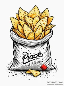 A detailed bag of chips, snack,, tattoo line... - эскиз тату (№1751914864_0, 07.07.2025 19:01) — Tatufoto.com