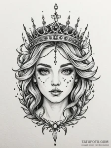 Nymph eyes beneath burning crown, tattoo line... - эскиз тату (№1751915200_0, 07.07.2025 19:06) — Tatufoto.com