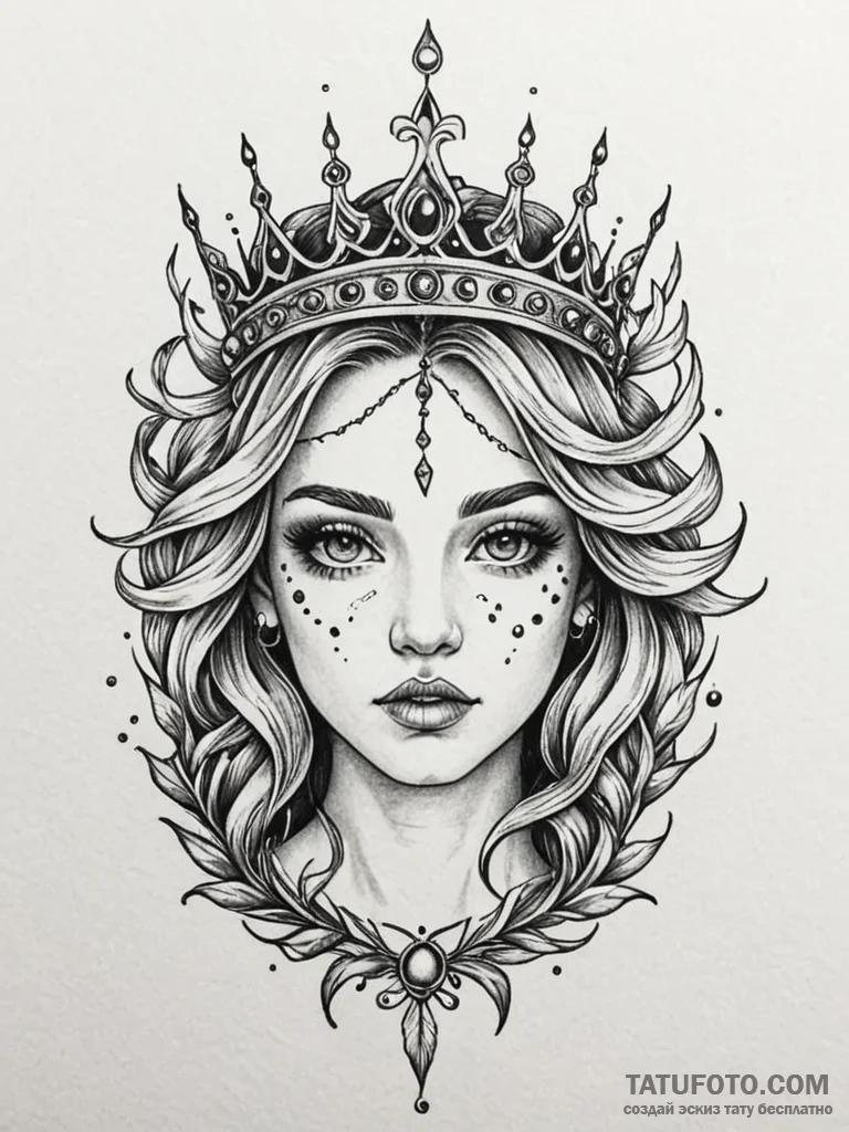 Nymph eyes beneath burning crown, tattoo line… — эскиз тату (№1751915200_0, 07.07.2025 19:06) — Tatufoto.com