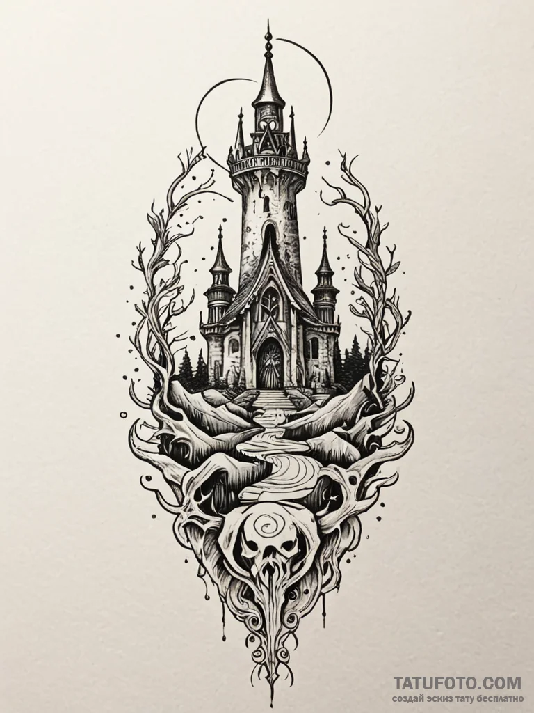 Labyrinth blade beneath bone spire, tattoo fl... - эскиз тату (№1751915876_0, 07.07.2025 19:17) — Tatufoto.com