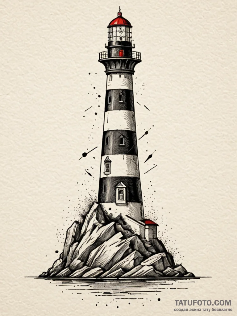 Lighthouse atop spectral cliff, tattoo drawin... - эскиз тату (№1751916213_0, 07.07.2025 19:23) — Tatufoto.com