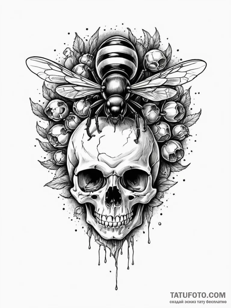 Wasp nest built inside a human skull, ink ill... - эскиз тату (№1751916548_0, 07.07.2025 19:29) — Tatufoto.com