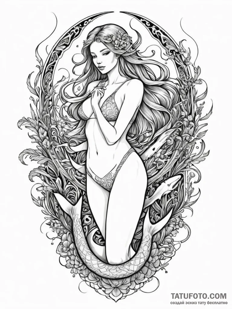 Aquatic siren with shark tail, ink illustrati... - эскиз тату (№1751916717_0, 07.07.2025 19:31) — Tatufoto.com