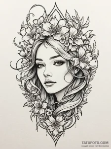 Oak blade beneath spectral bloom, tattoo line... - эскиз тату (№1751916971_0, 07.07.2025 19:36) — Tatufoto.com