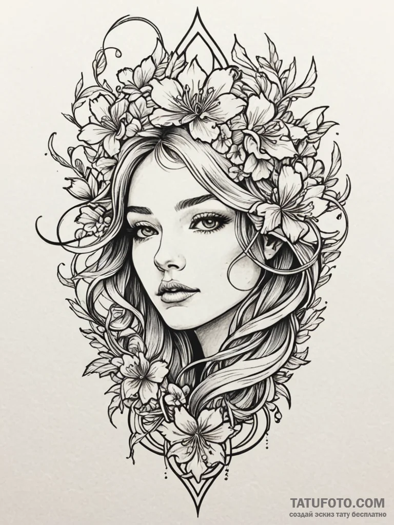 Oak blade beneath spectral bloom, tattoo line… — эскиз тату (№1751916971_0, 07.07.2025 19:36) — Tatufoto.com