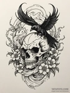A mystical brooding raven perched on a skull,... - эскиз тату (№1751917731_0, 07.07.2025 19:48) — Tatufoto.com