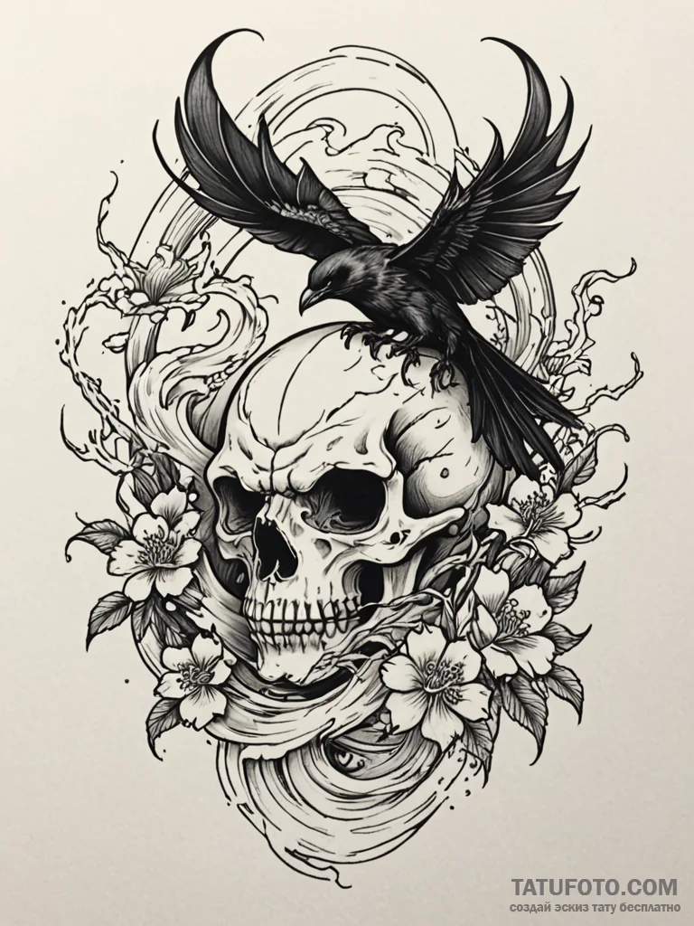 A mystical brooding raven perched on a skull,… — эскиз тату (№1751917731_0, 07.07.2025 19:48) — Tatufoto.com