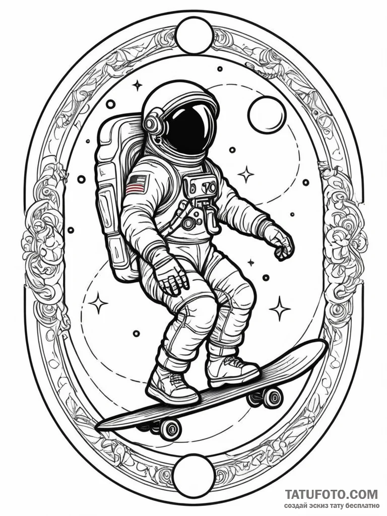 Astronaut skateboarding on the rings of satur... - эскиз тату (№1751918070_0, 07.07.2025 19:54) — Tatufoto.com