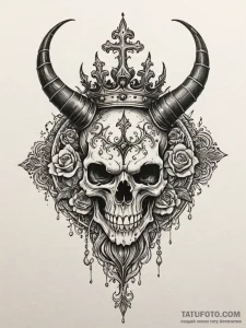 Horned skull of a demon, with a crown of blac... - эскиз тату (№1751918409_0, 07.07.2025 20:00) — Tatufoto.com