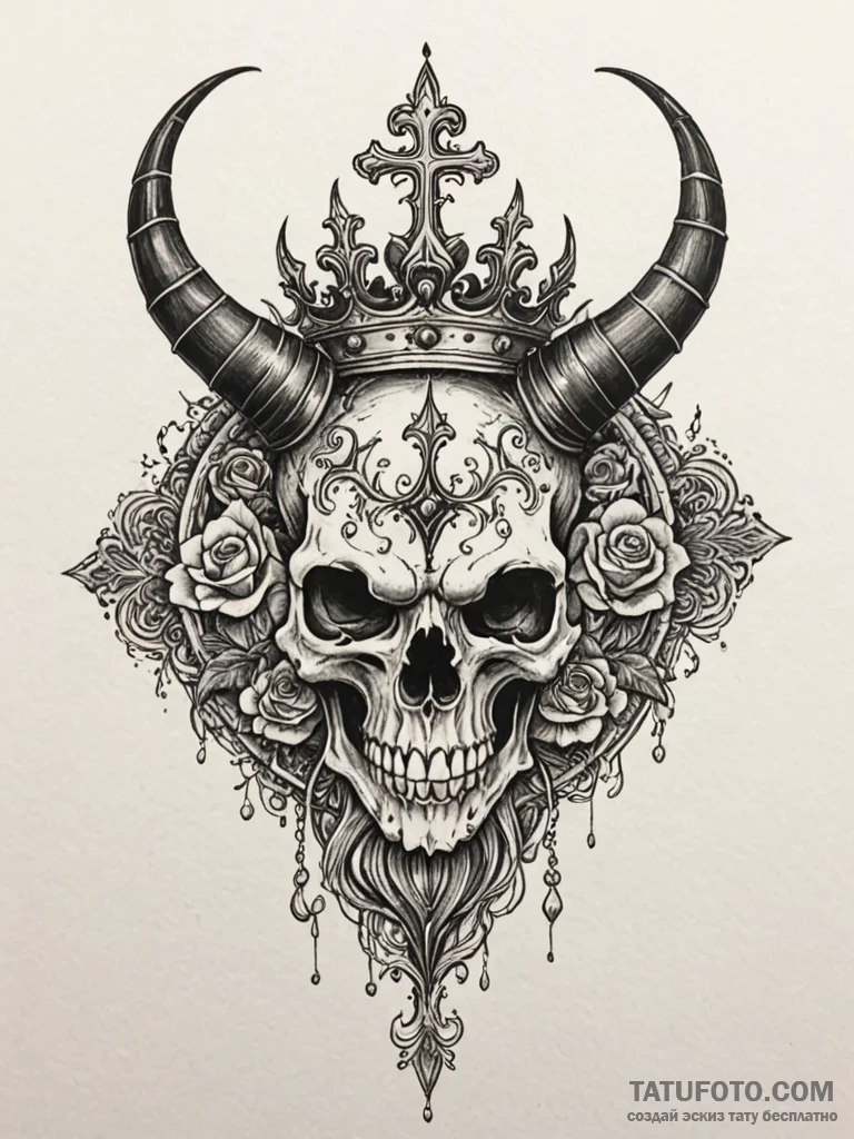 Horned skull of a demon, with a crown of blac... - эскиз тату (№1751918409_0, 07.07.2025 20:00) — Tatufoto.com