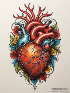 Anatomical heart morphing into a complex v8 e... - эскиз тату (№1751918747_0, 07.07.2025 20:05) — Tatufoto.com