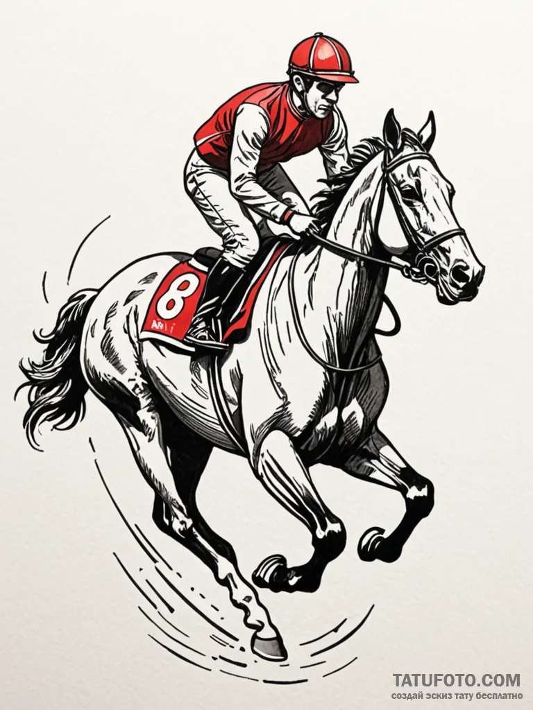 Jockey on a thoroughbred, racing to the finis… — эскиз тату (№1751920545_0, 07.07.2025 20:35) — Tatufoto.com