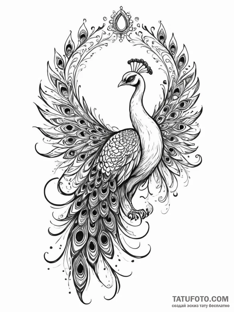 Juno's peacock, with feathers symbolizing vis... - эскиз тату (№1751920715_0, 07.07.2025 20:38) — Tatufoto.com