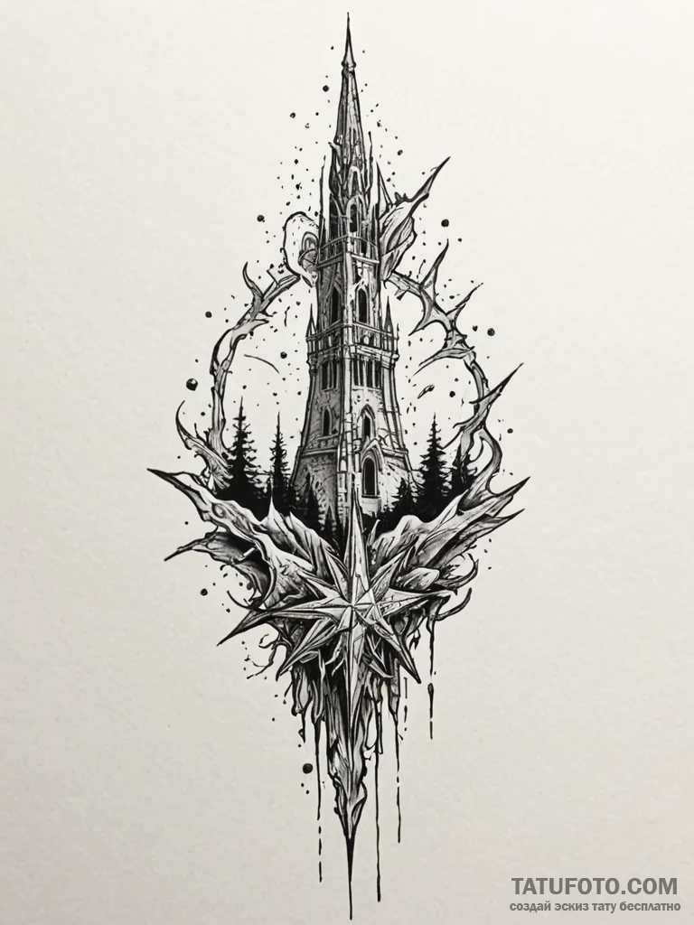 Steel spear beneath shattered spire, tattoo f... - эскиз тату (№1751921137_0, 07.07.2025 20:45) — Tatufoto.com