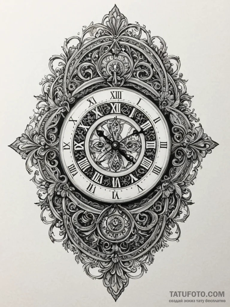 A detailed broken antique clock, stopped,, co... - эскиз тату (№1751921221_0, 07.07.2025 20:47) — Tatufoto.com