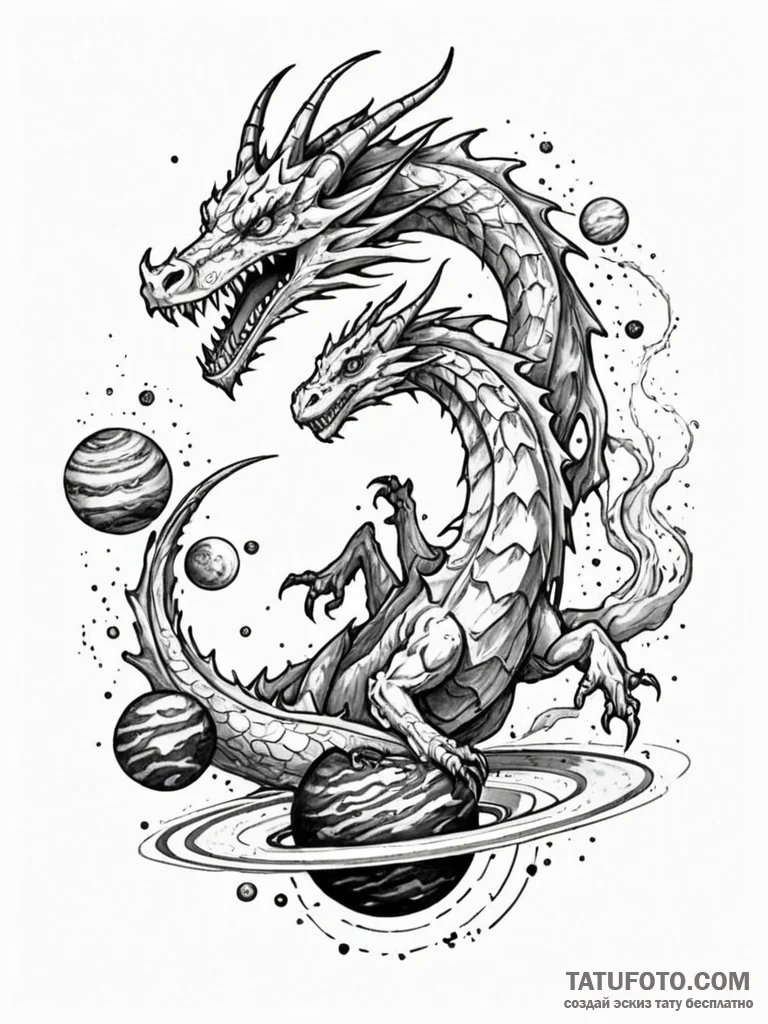Animated dragon circling planet, ink illustra... - эскиз тату (№1751921643_0, 07.07.2025 20:54) — Tatufoto.com