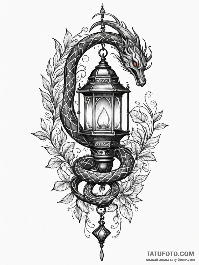 Dark serpent circling lantern, tattoo flash s... - эскиз тату (№1751921982_0, 07.07.2025 20:59) — Tatufoto.com