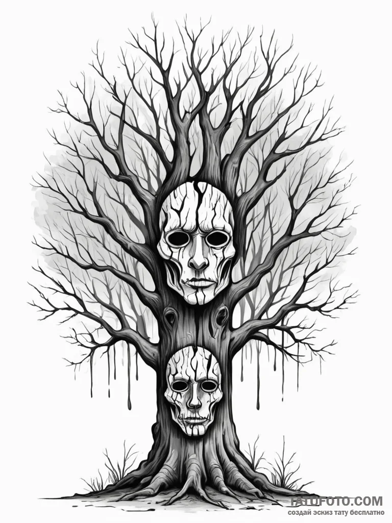 Burning tree with faces in bark, artistic tat... - эскиз тату (№1751922067_0, 07.07.2025 21:01) — Tatufoto.com