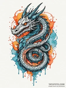 Animated bone dragon coiled mid-air, tattoo f... - эскиз тату (№1751922666_0, 07.07.2025 21:11) — Tatufoto.com