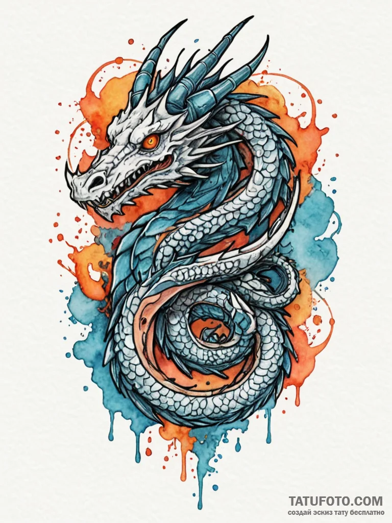 Animated bone dragon coiled mid-air, tattoo f... - эскиз тату (№1751922666_0, 07.07.2025 21:11) — Tatufoto.com
