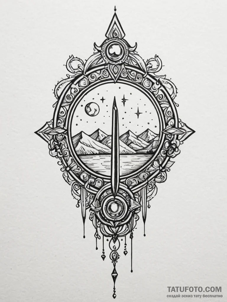 Jewel blade beneath celestial gate, tattoo fl... - эскиз тату (№1751923682_0, 07.07.2025 21:28) — Tatufoto.com