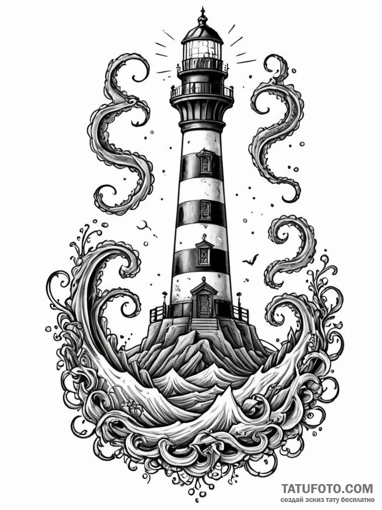 Lighthouse swallowed by kraken, tattoo line a... - эскиз тату (№1751923852_0, 07.07.2025 21:30) — Tatufoto.com