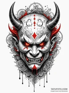 Oni mask splitting to reveal a human face, ar... - эскиз тату (№1751924872_0, 07.07.2025 21:47) — Tatufoto.com