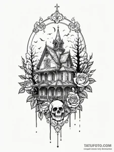 A haunted house silhouette, ink illustration... - эскиз тату (№1751925212_0, 07.07.2025 21:53) — Tatufoto.com