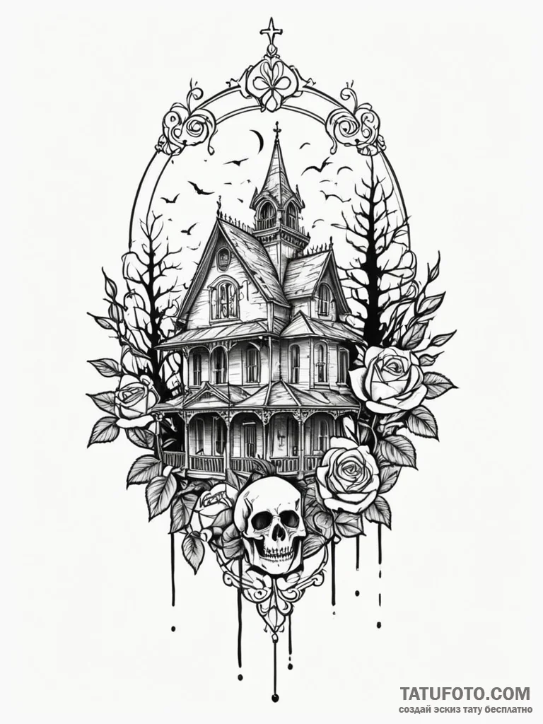 A haunted house silhouette, ink illustration... - эскиз тату (№1751925212_0, 07.07.2025 21:53) — Tatufoto.com