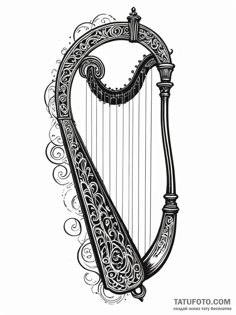 Broken harp missing strings, ink illustration... - эскиз тату (№1751925554_0, 07.07.2025 21:59) — Tatufoto.com